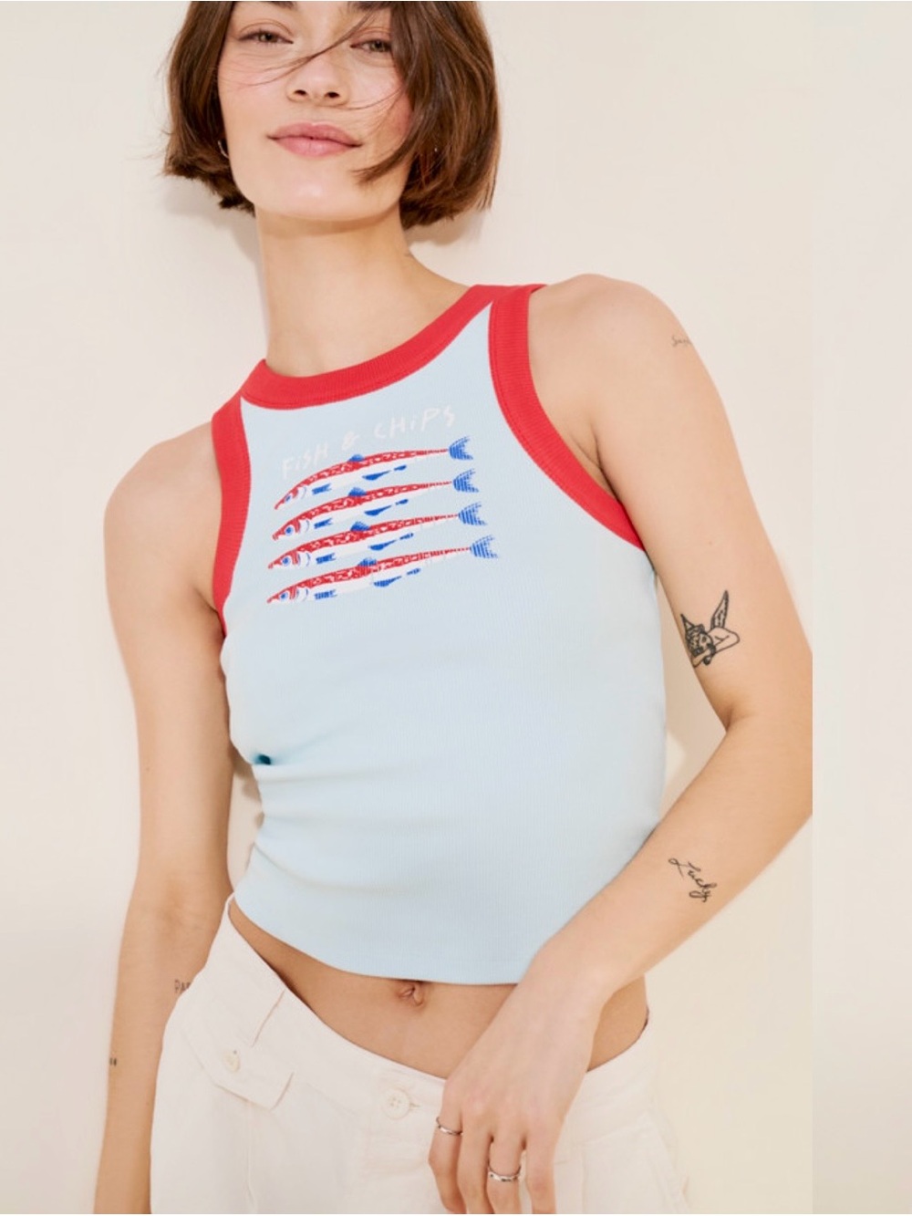 Sunday Market Tank Top Fish & Chips Sardine Graphic Ribbed Shirt Size Medium. EU